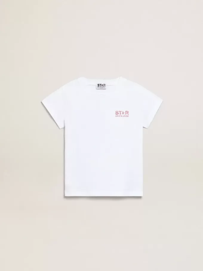 Wit T-shirt voor meisjes met roze glitterlogo en grote ster