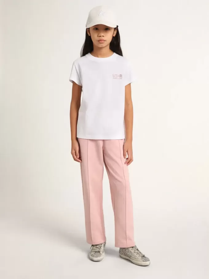 Wit T-shirt voor meisjes met roze glitterlogo en grote ster