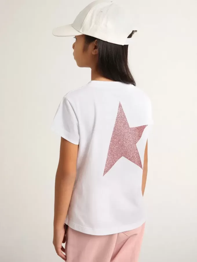 Wit T-shirt voor meisjes met roze glitterlogo en grote ster
