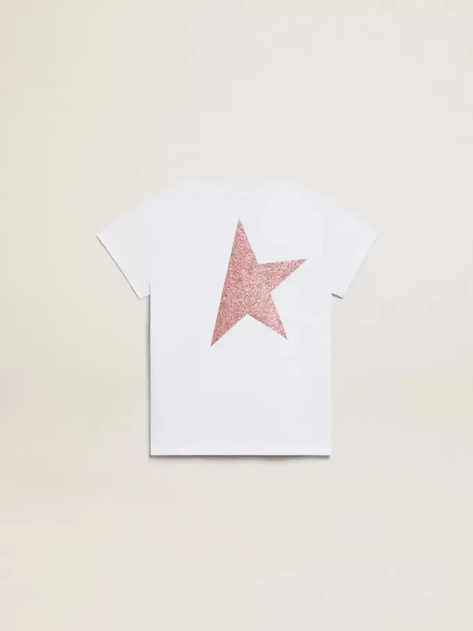 Wit T-shirt voor meisjes met roze glitterlogo en grote ster