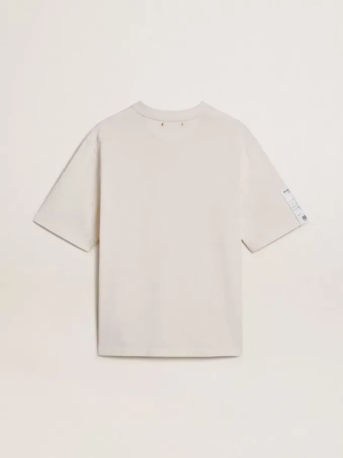 Wit unisex T-shirt met mediterrane print en Pescheria Golden-patch op de mouw