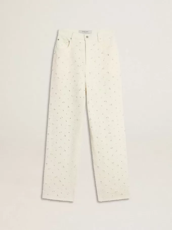Witte denim broek voor dames met kralen en kristallen