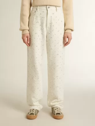 Witte denim broek voor dames met kralen en kristallen
