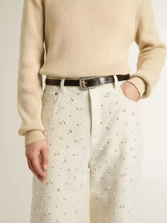 Witte denim broek voor dames met kralen en kristallen