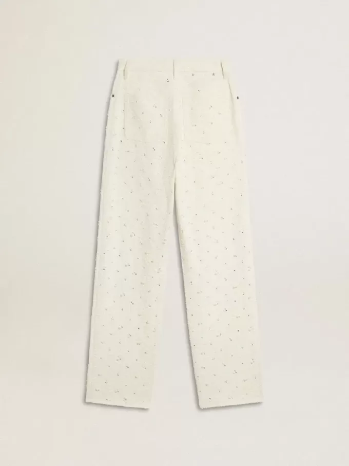 Witte denim broek voor dames met kralen en kristallen