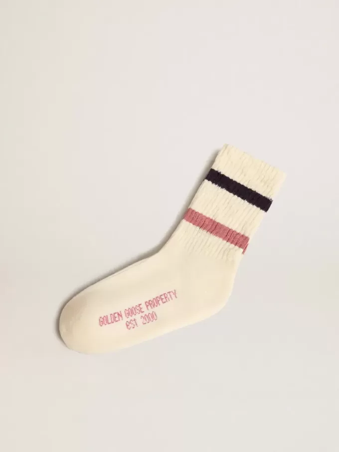 Witte kindersokken met distressed details en tweekleurige lila en blauwe strepen