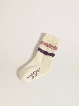 Witte kindersokken met roze en paarse strepen