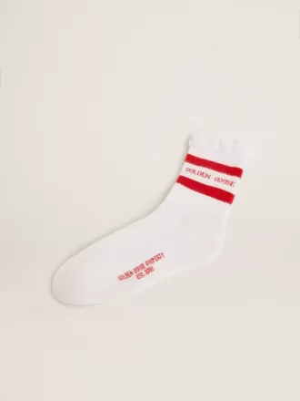 Witte sokken met distressed details en rode strepen