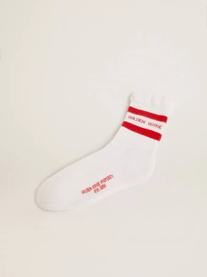 Witte sokken met distressed details en rode strepen