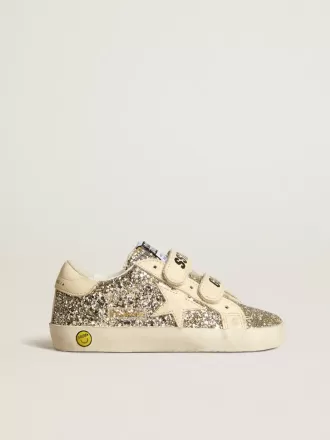 Young Old School in platina glitter met leren ster en hielstuk