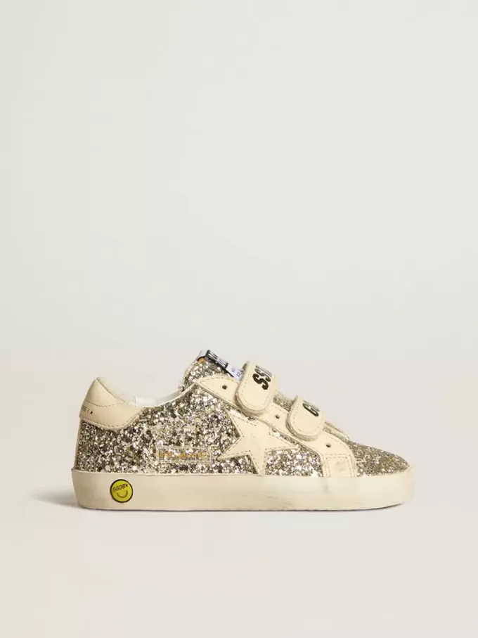 Young Old School in platina glitter met leren ster en hielstuk