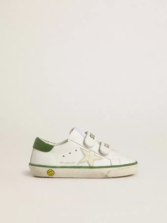 Young Old School in wit leer met groene nappa hiellip en groene inzetstukken.