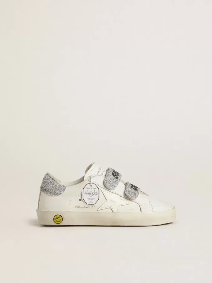 Young Old School in wit leer met zilveren Swarovski-kristallen hielstuk en bandjes