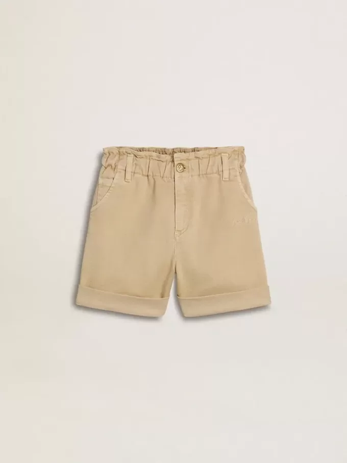 Zandkleurige korte broek voor meisjes met geborduurd logo