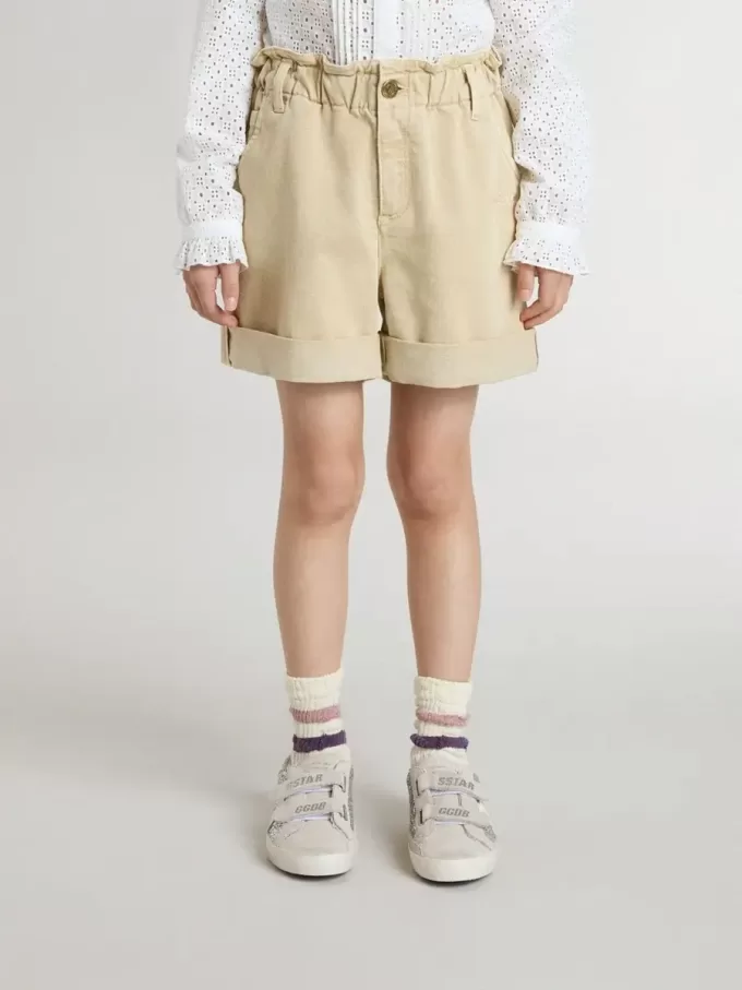 Zandkleurige korte broek voor meisjes met geborduurd logo