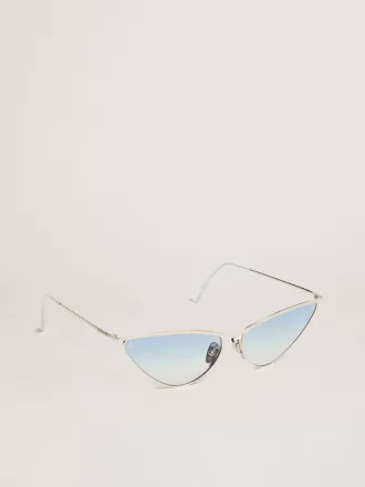 Zonnebril in cat-eye-stijl met zilveren montuur en blauwe glazen