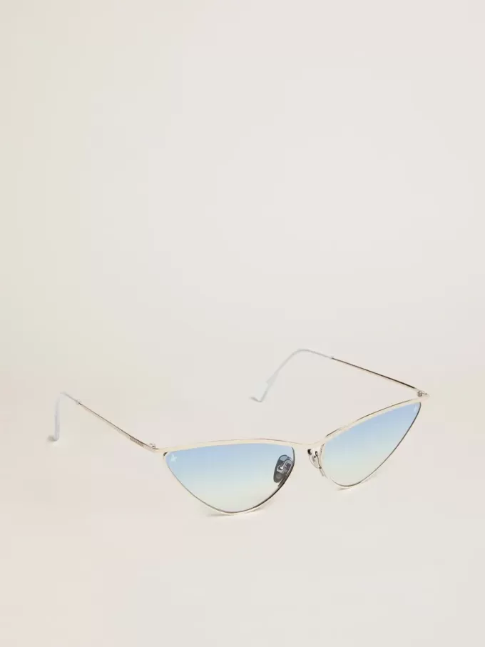 Zonnebril in cat-eye-stijl met zilveren montuur en blauwe glazen