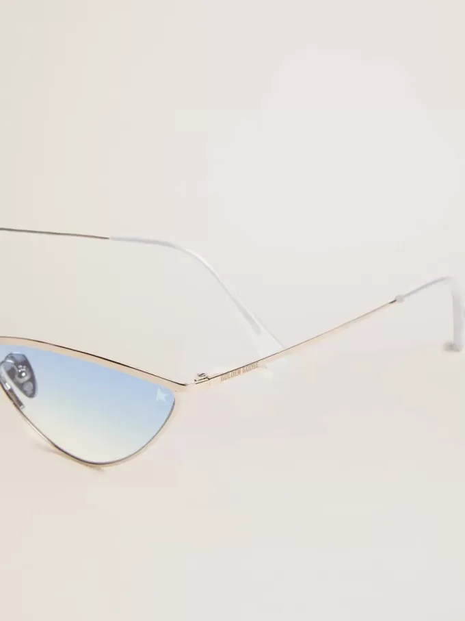 Zonnebril in cat-eye-stijl met zilveren montuur en blauwe glazen