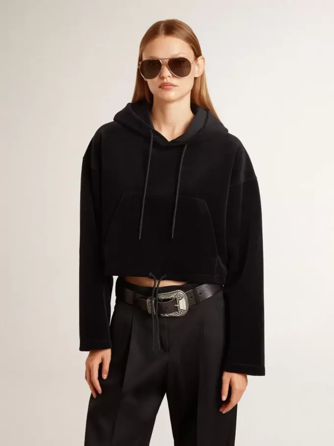 Zwart chenille sweatshirt voor dames met borduursel op de rug
