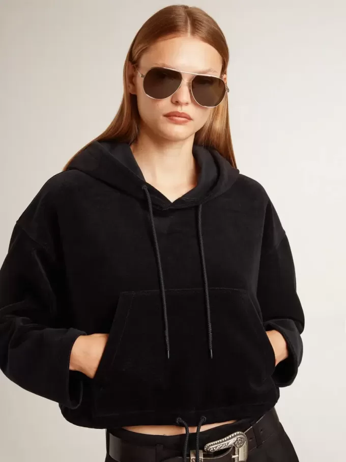 Zwart chenille sweatshirt voor dames met borduursel op de rug