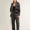 Zwart damesvest met riem en kristallen