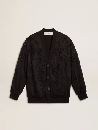 Zwart damesvest met ton-sur-ton toile de jouy-kralenborduursel