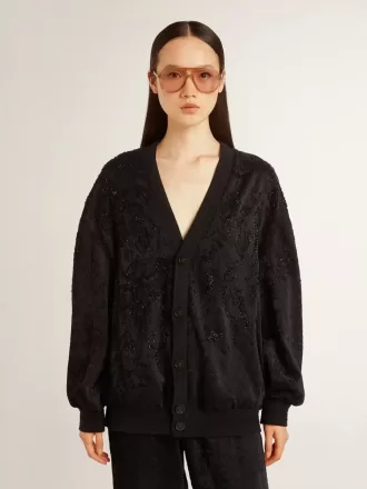 Zwart damesvest met ton-sur-ton toile de jouy-kralenborduursel