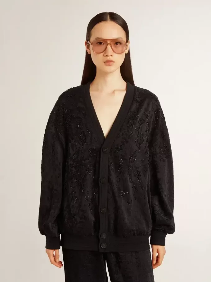 Zwart damesvest met ton-sur-ton toile de jouy-kralenborduursel