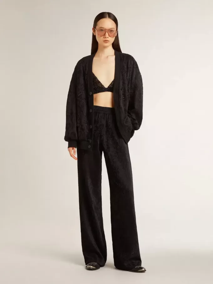 Zwart damesvest met ton-sur-ton toile de jouy-kralenborduursel