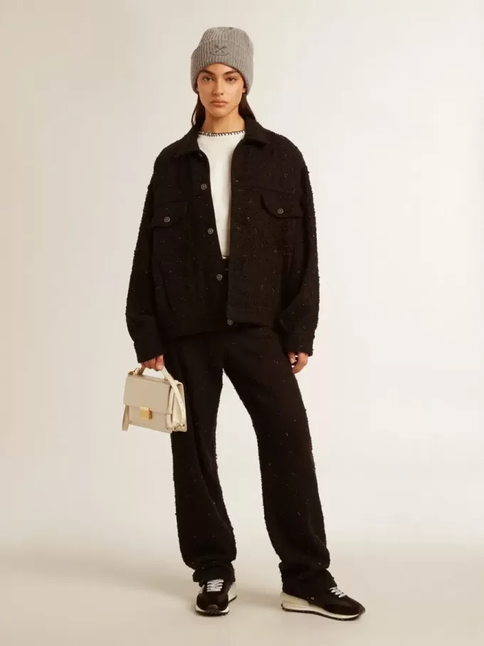 Zwart denim jack voor dames met borduursel