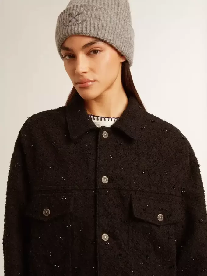 Zwart denim jack voor dames met borduursel