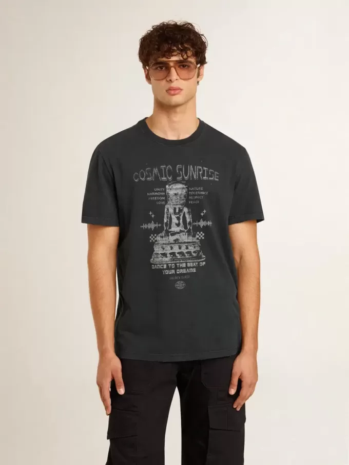 Zwart katoenen T-shirt voor heren met print op de voorkant