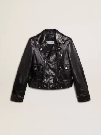 Zwart leren motorjack voor dames met glanzend effect