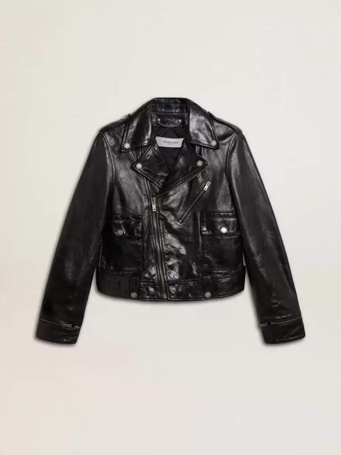 Zwart leren motorjack voor dames met glanzend effect