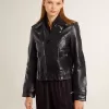Zwart leren motorjack voor dames met glanzend effect