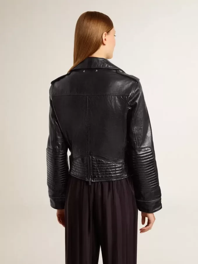 Zwart leren motorjack voor dames met glanzend effect
