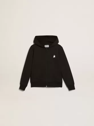 Zwart sweatshirt met capuchon en contrasterende witte ster en logo.