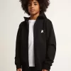 Zwart sweatshirt met capuchon en contrasterende witte ster en logo.