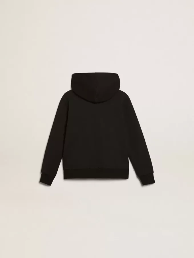 Zwart sweatshirt met capuchon en contrasterende witte ster en logo.
