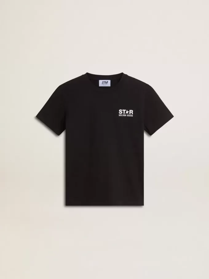 Zwart T-shirt met contrasterend wit logo op de voorkant en grote ster op de achterkant