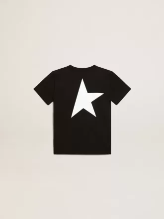 Zwart T-shirt met contrasterend wit logo op de voorkant en grote ster op de achterkant