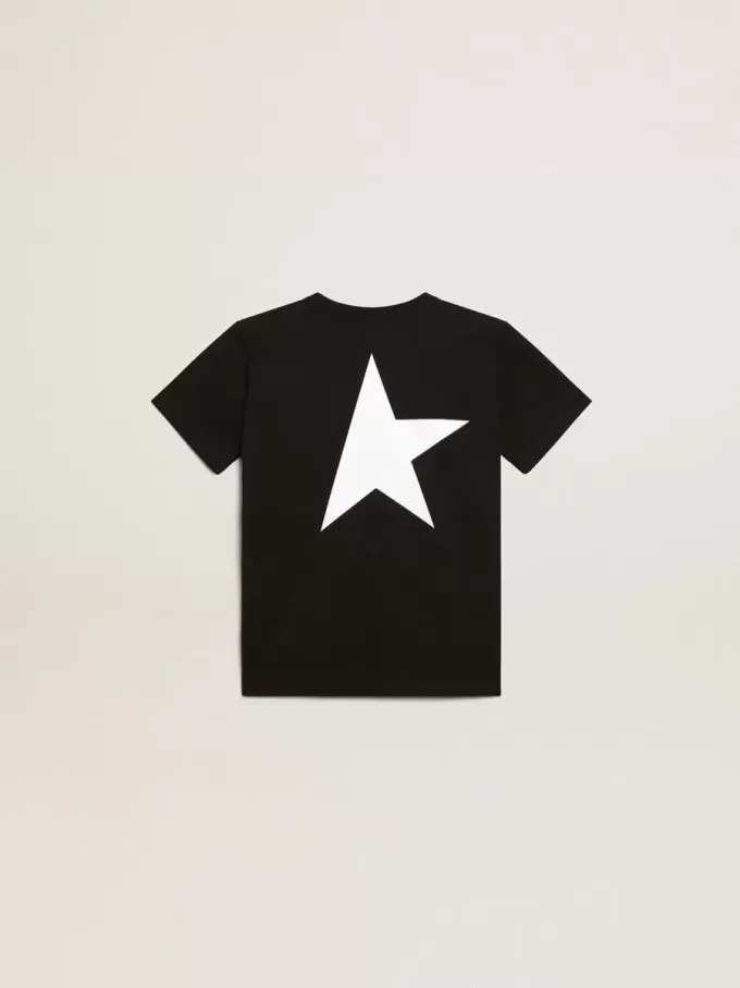 Zwart T-shirt met contrasterend wit logo op de voorkant en grote ster op de achterkant
