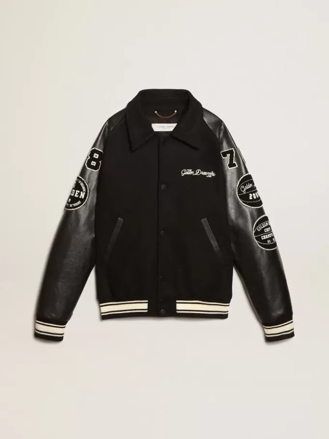 Zwart wollen bomberjack met patch