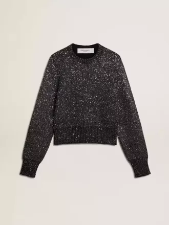Zwarte cropped trui voor dames van wolmix met all-over pailletten