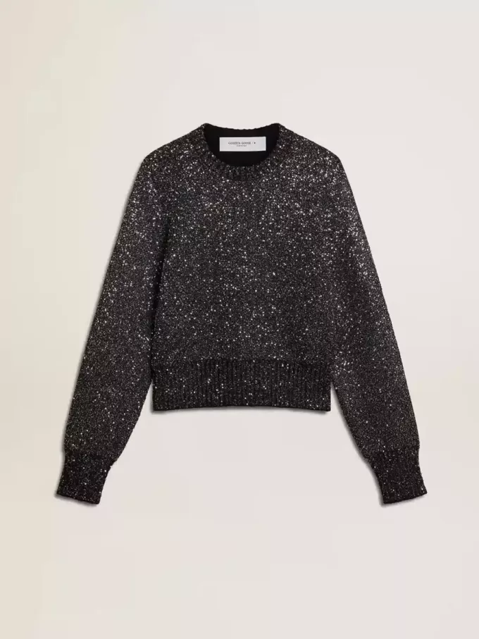 Zwarte cropped trui voor dames van wolmix met all-over pailletten