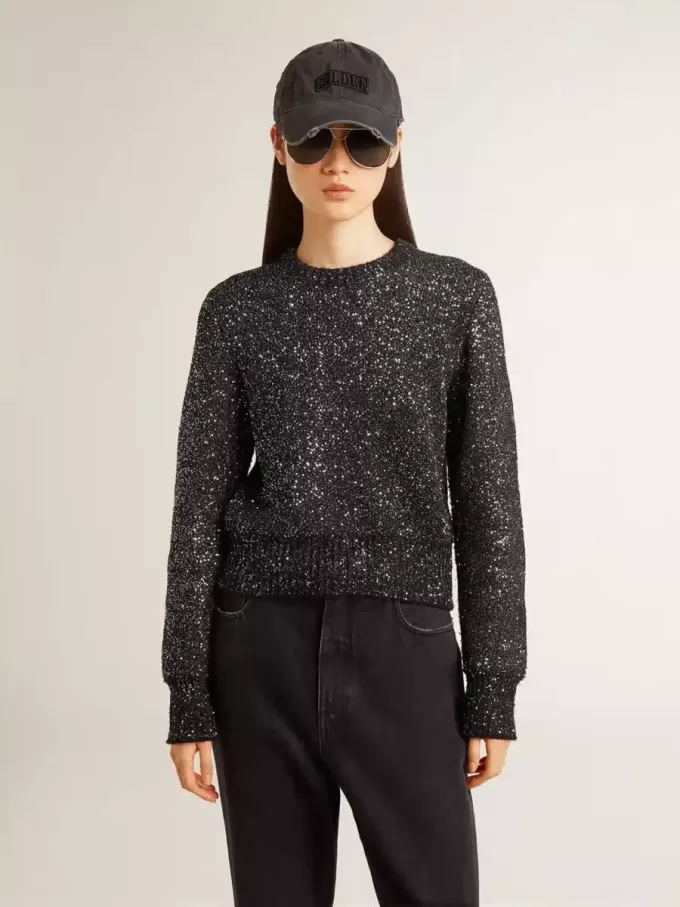 Zwarte cropped trui voor dames van wolmix met all-over pailletten