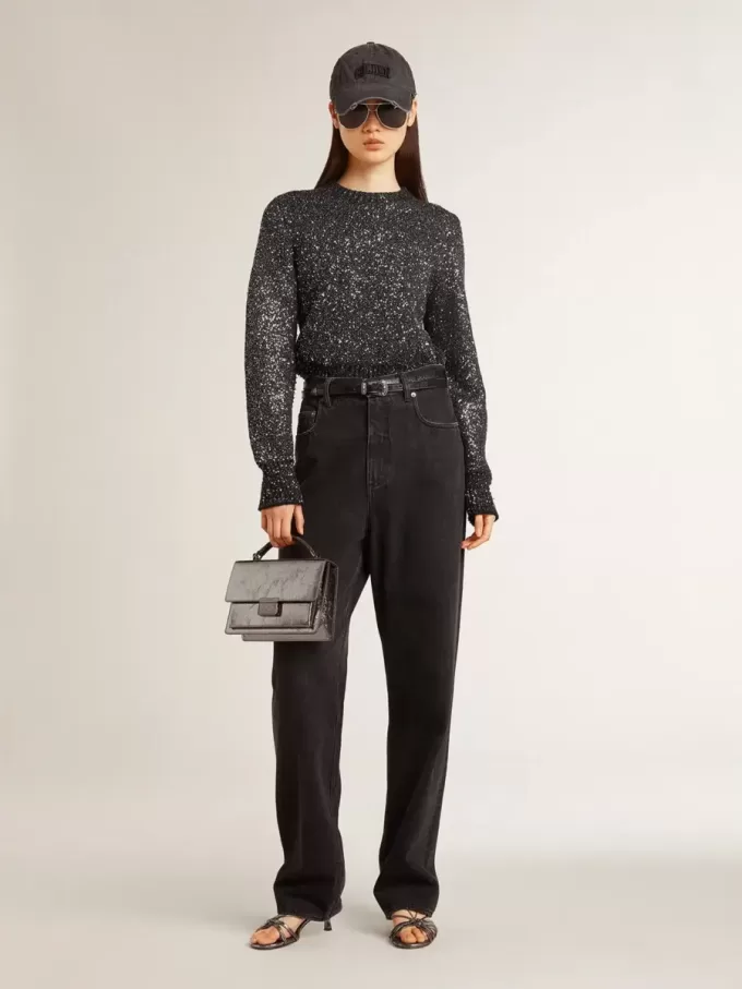 Zwarte cropped trui voor dames van wolmix met all-over pailletten