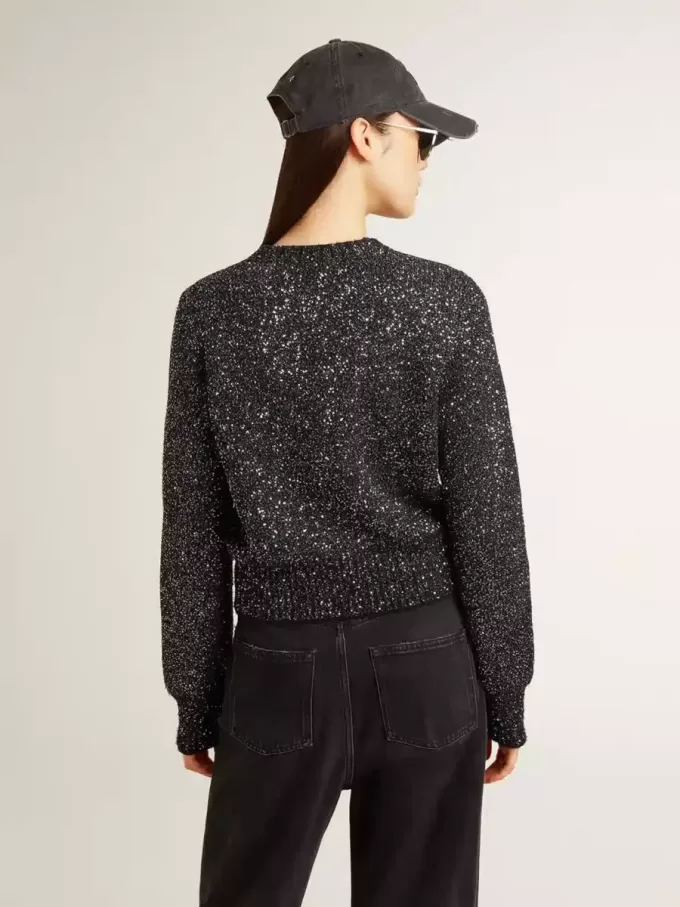 Zwarte cropped trui voor dames van wolmix met all-over pailletten
