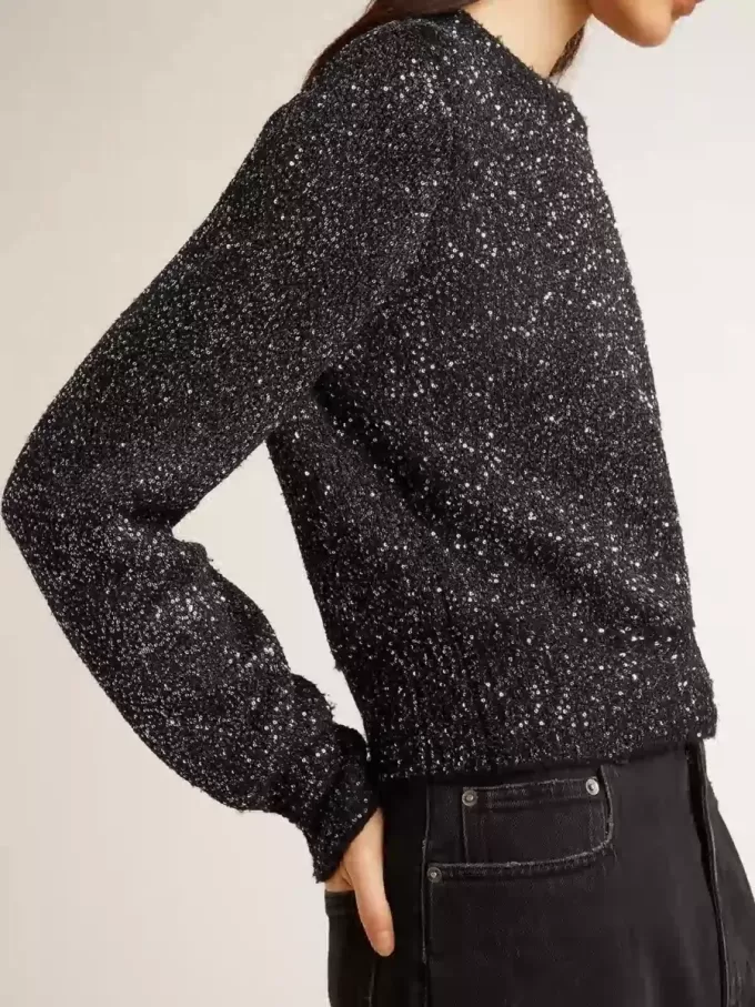 Zwarte cropped trui voor dames van wolmix met all-over pailletten