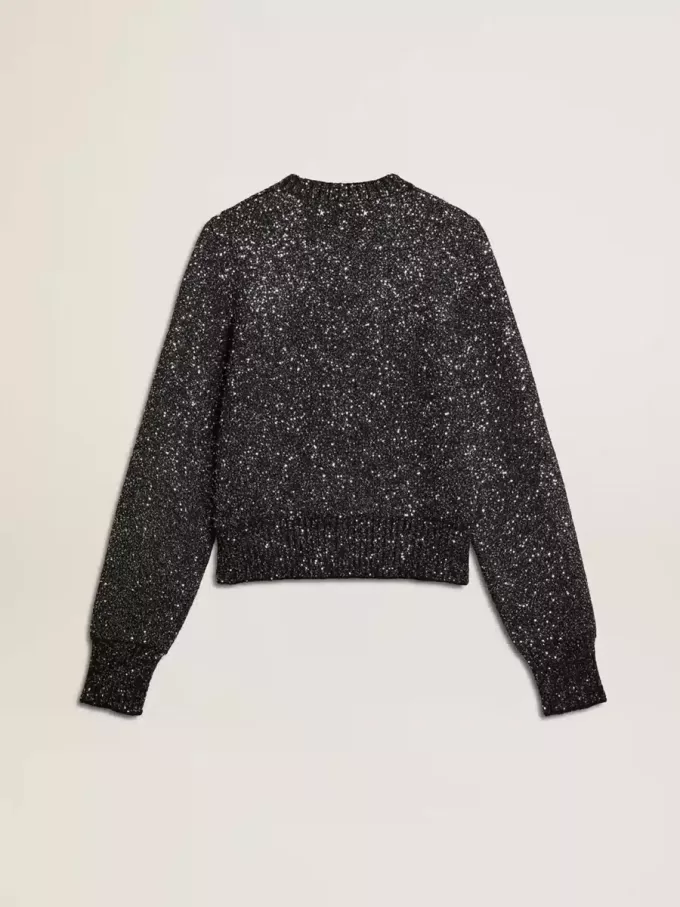 Zwarte cropped trui voor dames van wolmix met all-over pailletten